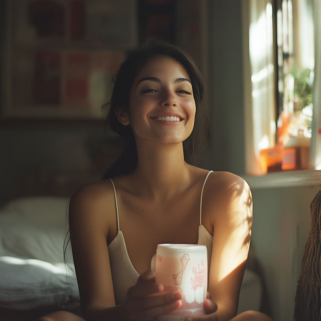 Une femme heureuse qui boit du thé | Source : Midjourney