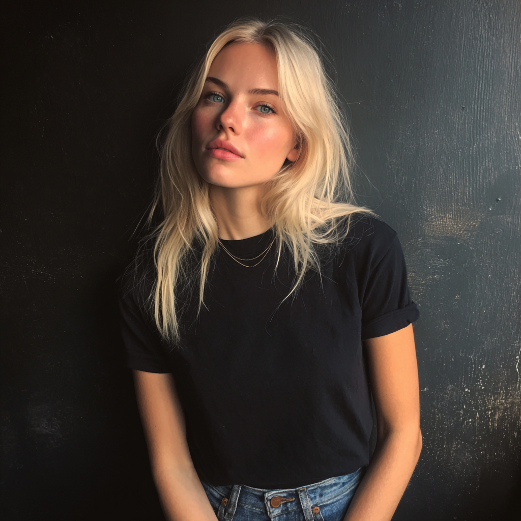 Une jeune femme pensive portant un t-shirt noir | Source : Midjourney