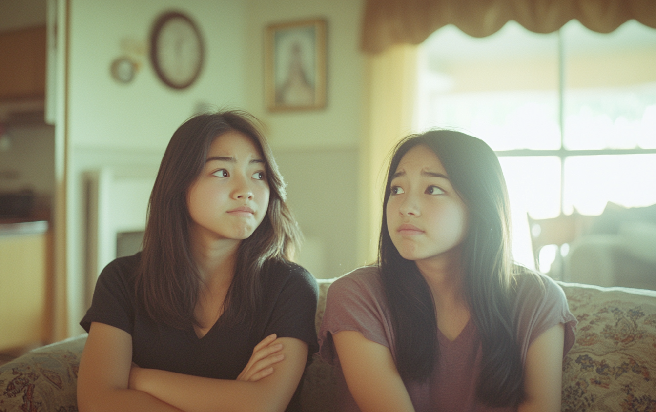 Deux adolescentes jumelles assises sur un canapé, l'air pensif | Source : Midjourney