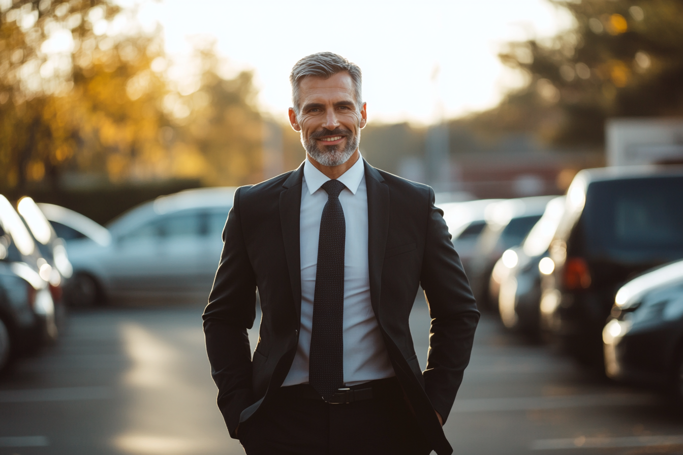 Un homme souriant, marchant dans un parking | Source : Midjourney