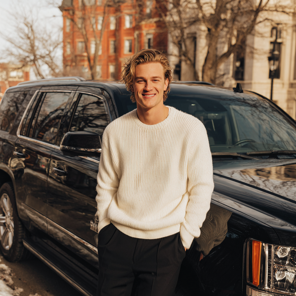 Un homme souriant se tenant devant une voiture | Source : Midjourney