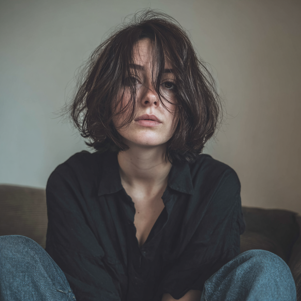 Une femme bouleversée assise sur un canapé | Source : Midjourney
