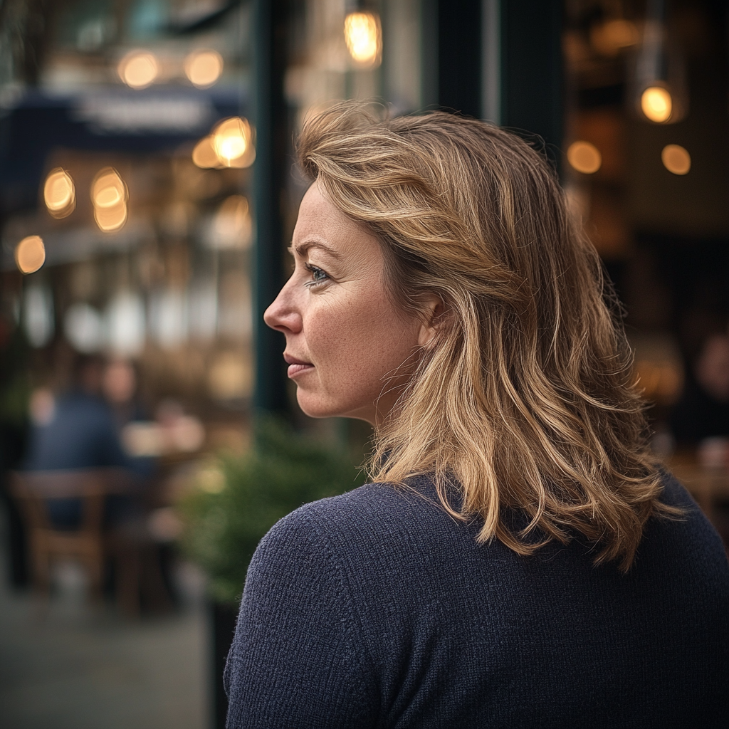 Gros plan sur une femme debout à l'extérieur d'un restaurant | Source : Midjourney