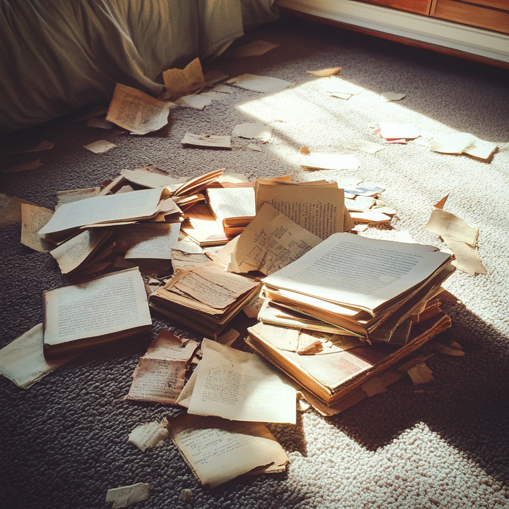 Livres détruits sur un tapis | Source : Midjourney