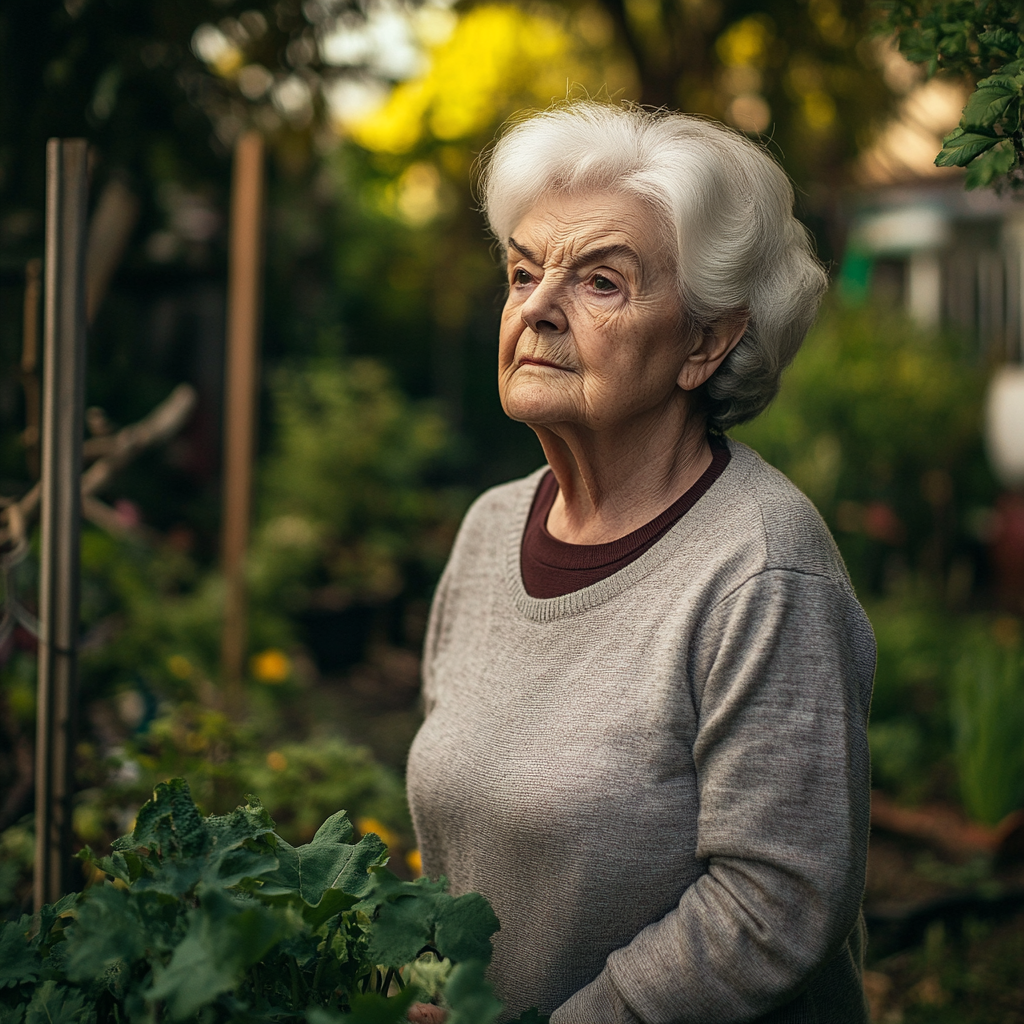 Une femme âgée réfléchie et curieuse dans son jardin | Source : Midjourney