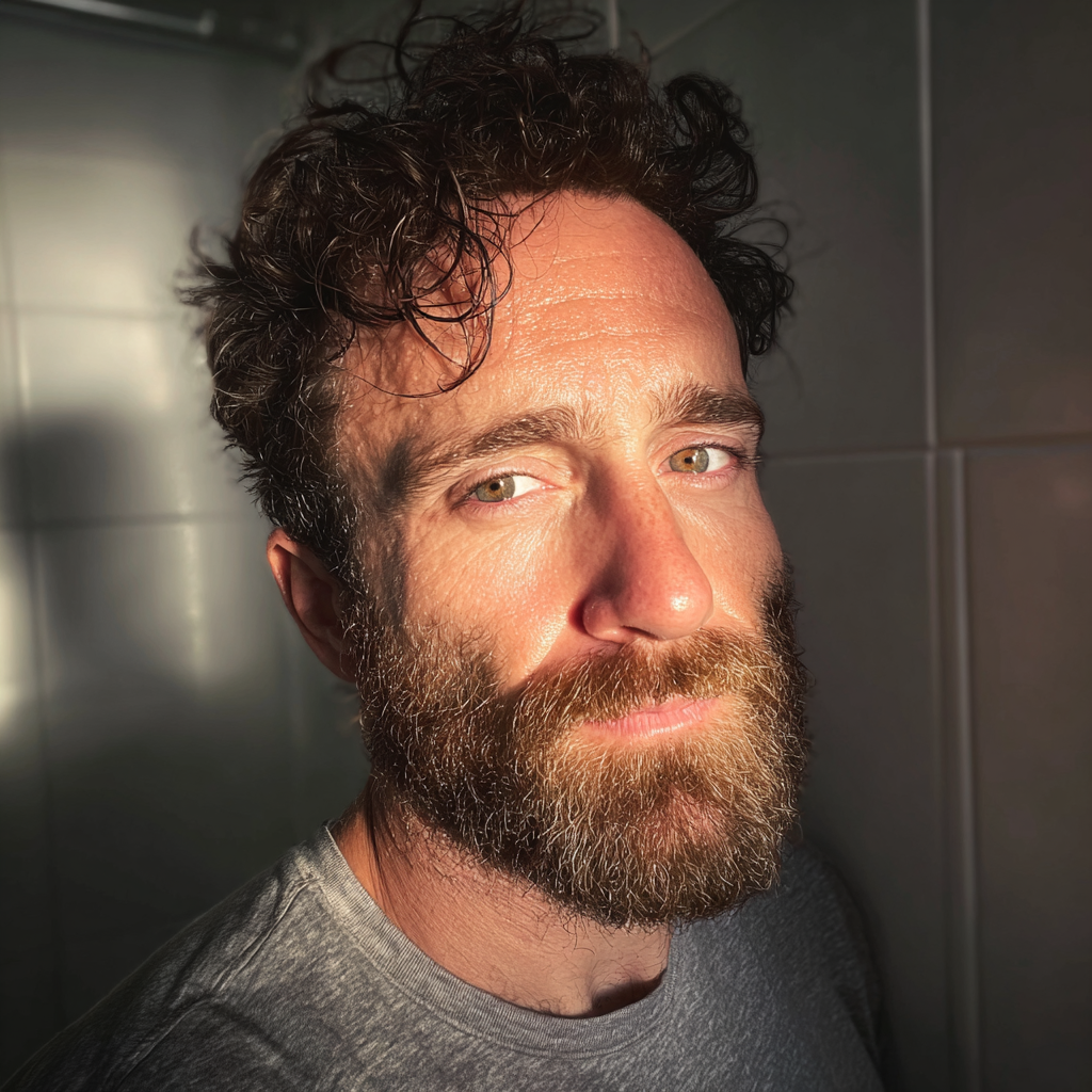 Un homme portant un t-shirt gris et se tenant dans une salle de bain | Source : Midjourney