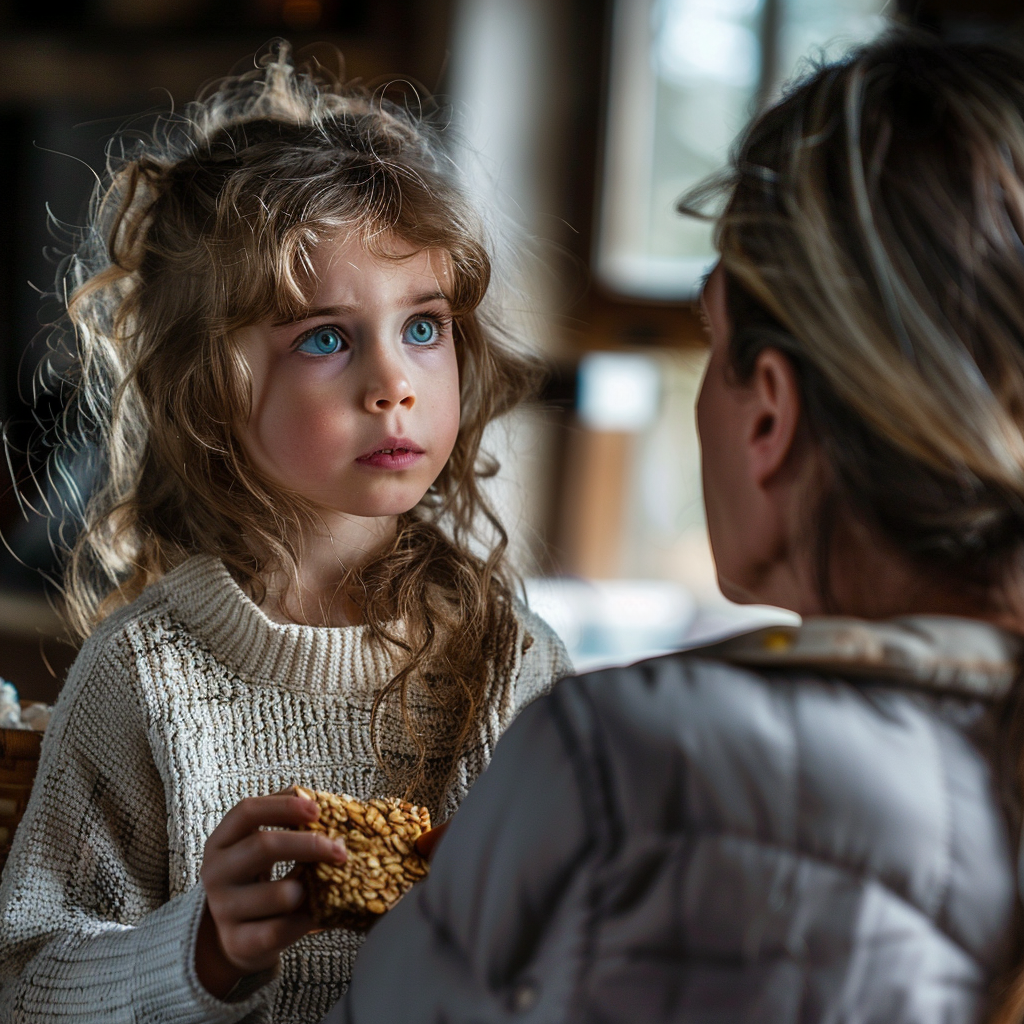 Une femme âgée retire une barre de muesli à une petite fille | Source : Midjourney