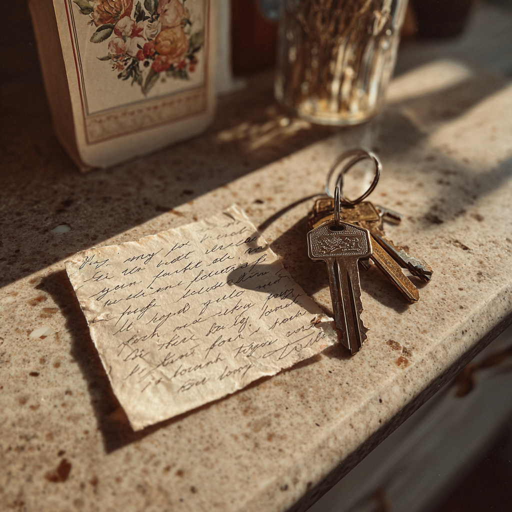 Une note et des clés sur un comptoir | Source : Midjourney