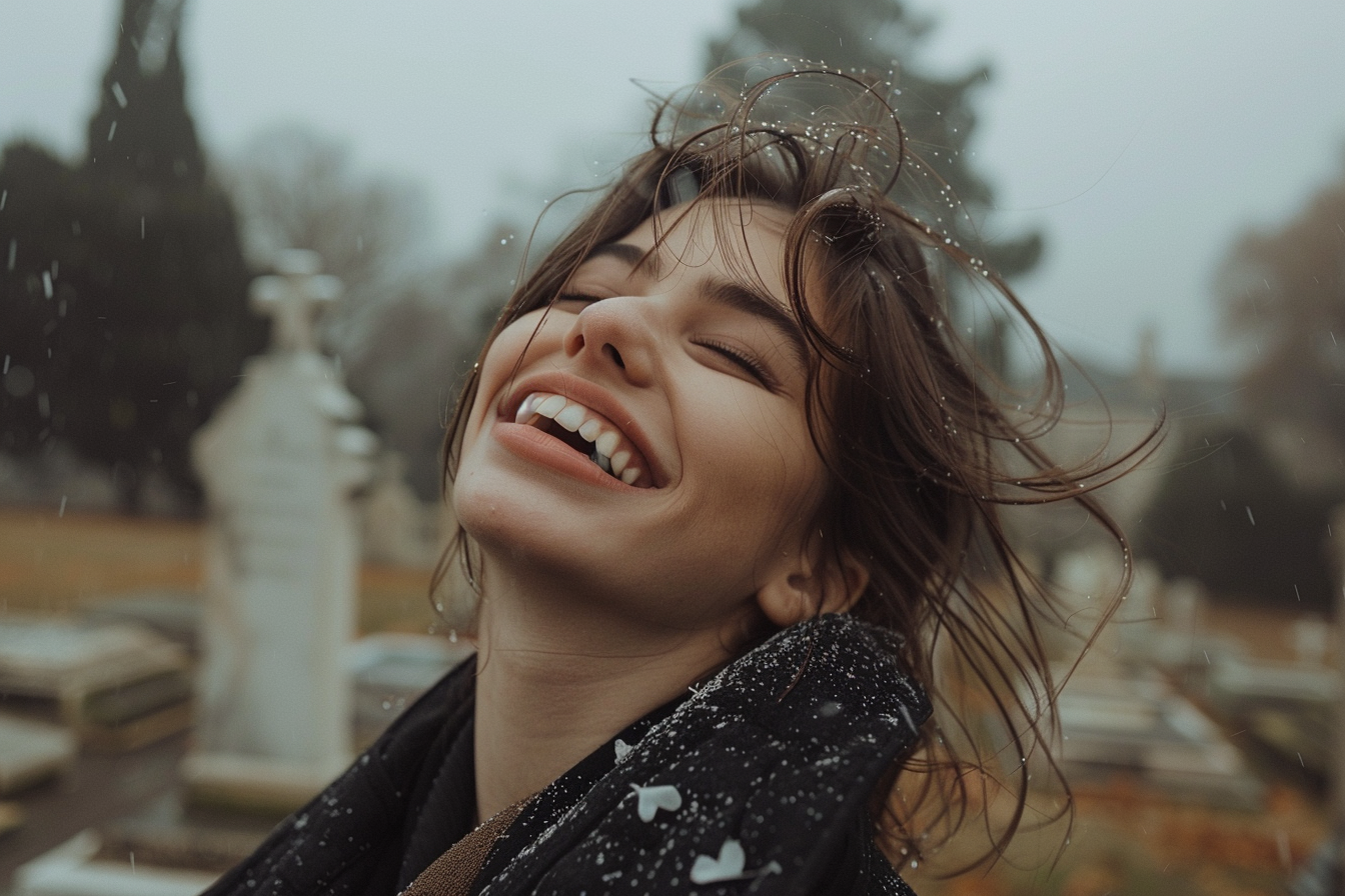 Une femme qui rit dans un cimetière | Source : Midjourney