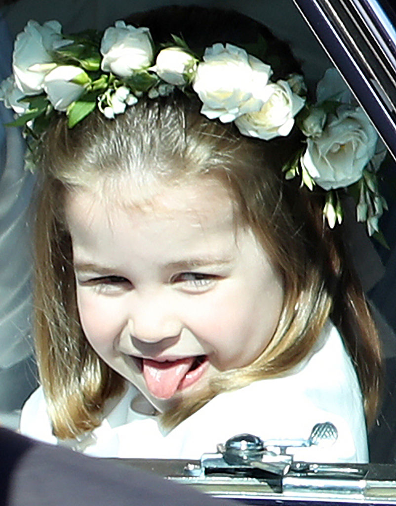 La princesse Charlotte, arrive à la cérémonie de mariage du prince Harry, duc de Sussex et de l'actrice américaine Meghan Markle à la chapelle Saint-Georges du château de Windsor, à Windsor, le 19 mai 2018.