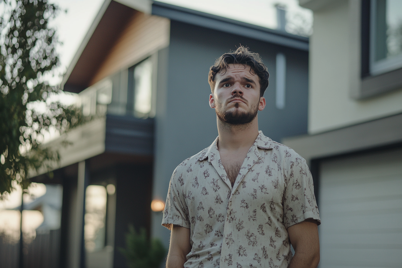 Un homme en pyjama à l'air triste devant une maison moderne | Source : Midjourney