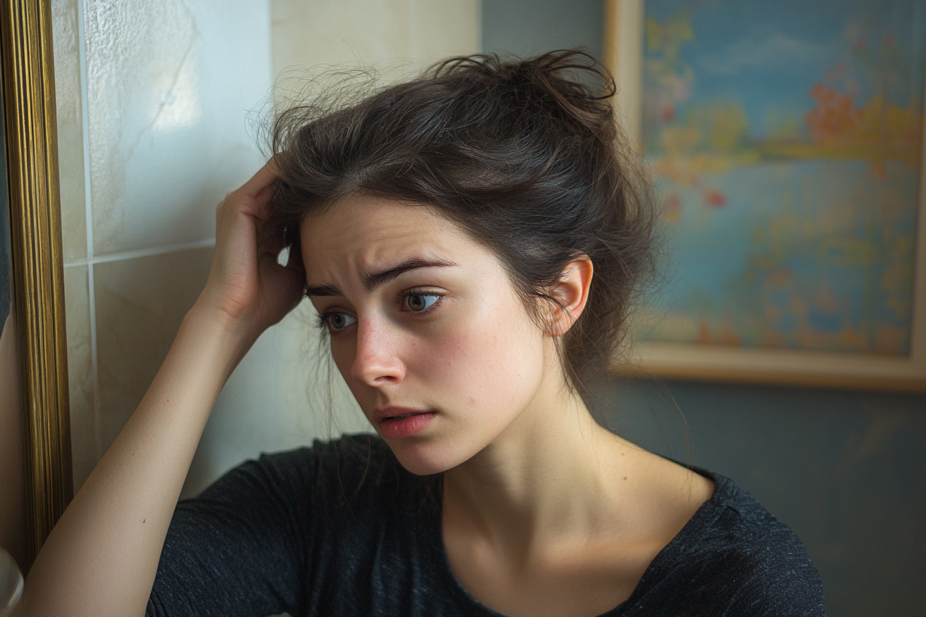 Une femme qui examine ses cheveux | Source : Midjourney