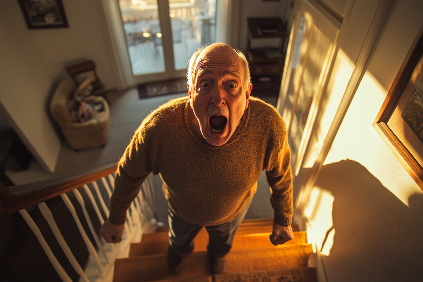 Un homme de 70 ans qui crie du bas de l'escalier dans une belle maison | Source : Midjourney