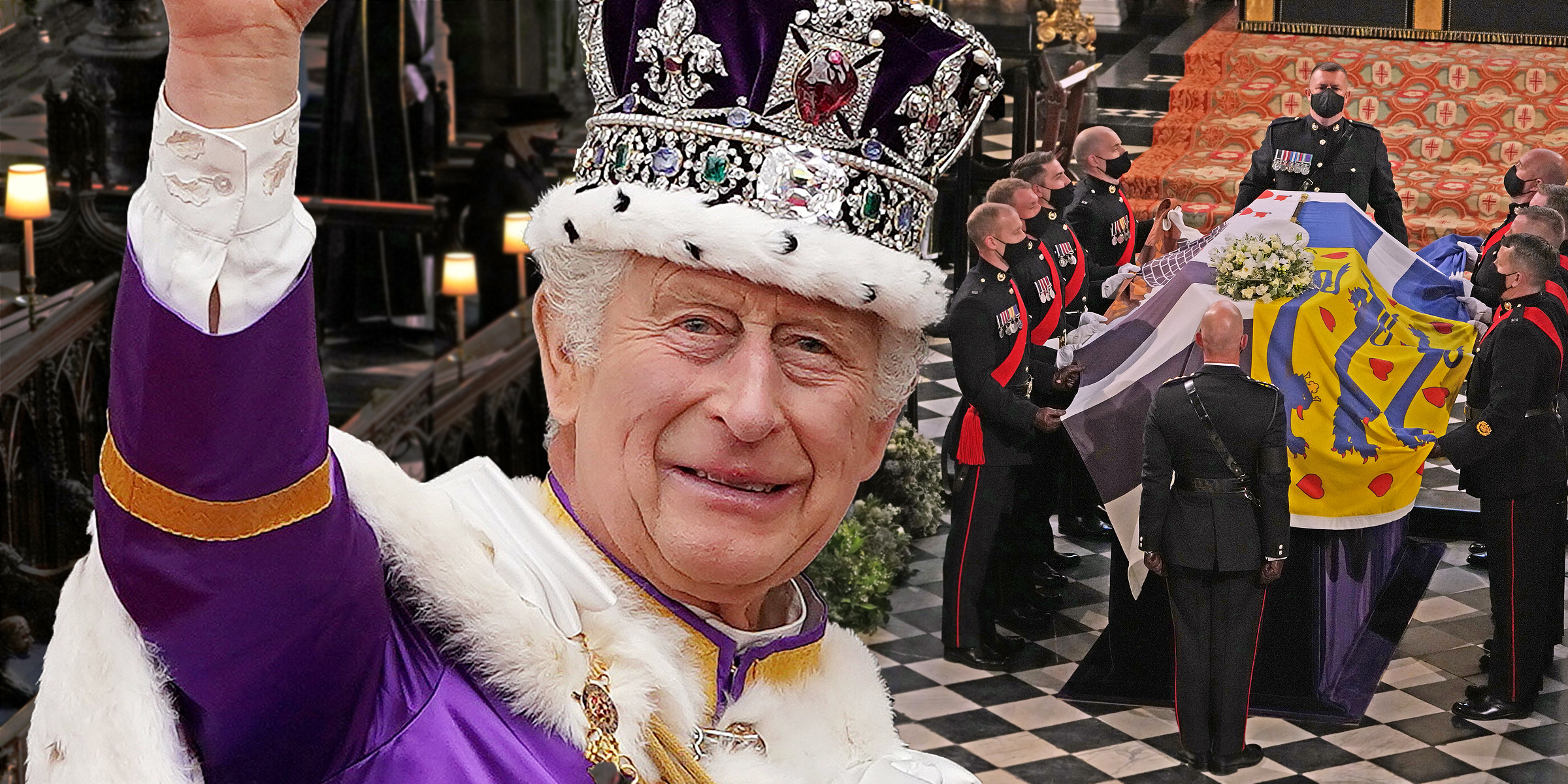 Le roi Charles III le 6 mai 2023 | Les funérailles du prince Phillips le 17 avril 2021 | Source : Getty Images