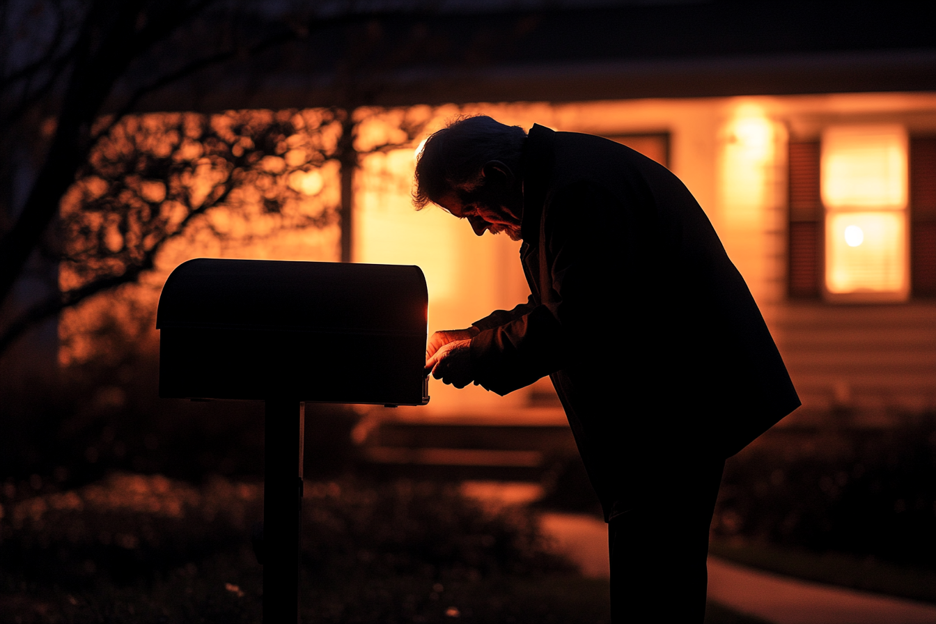 Un homme âgé qui met quelque chose dans la boîte aux lettres à l'extérieur d'une maison la nuit | Source : Midjourney