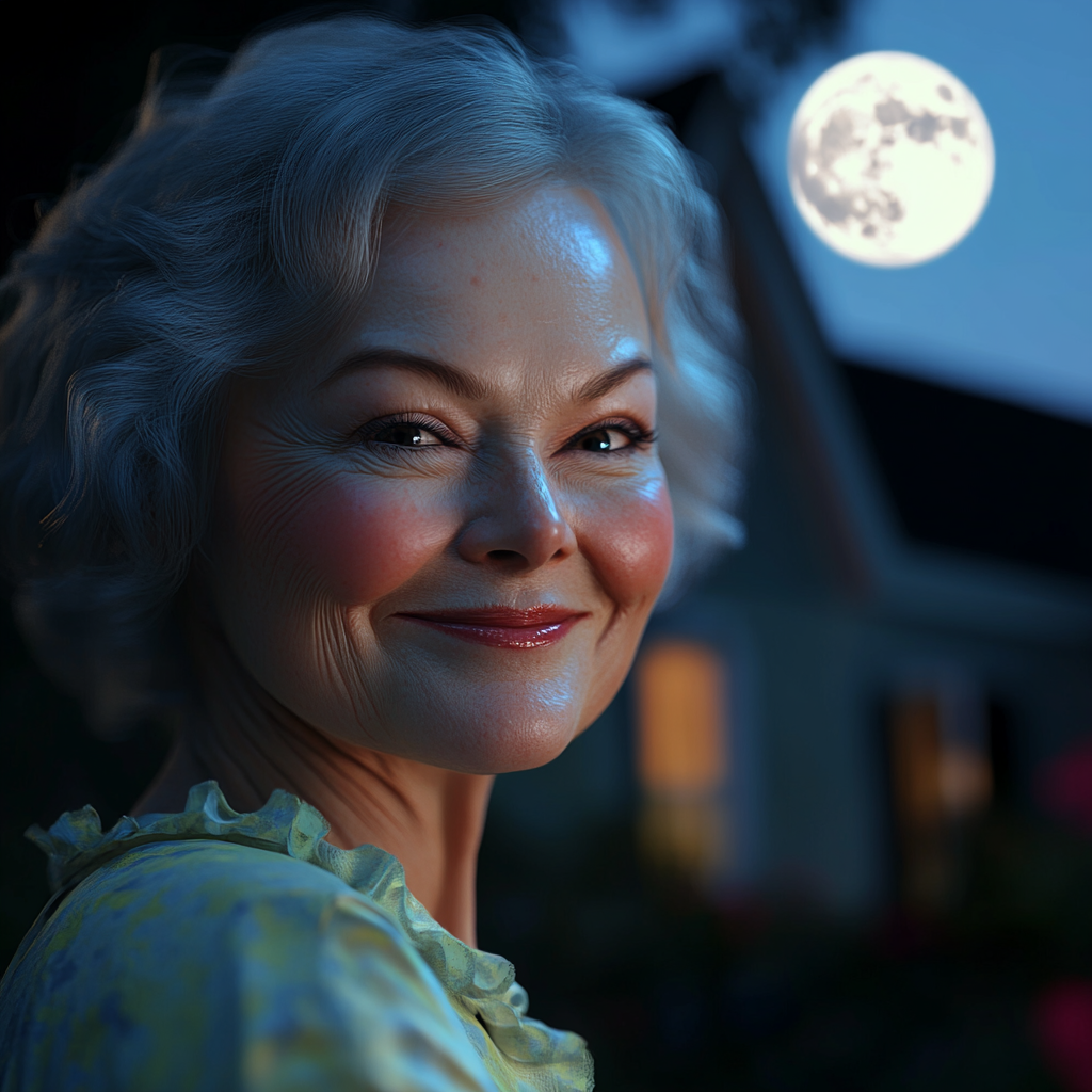 Une dame âgée souriante se tenant devant sa maison la nuit | Source : Midjourney