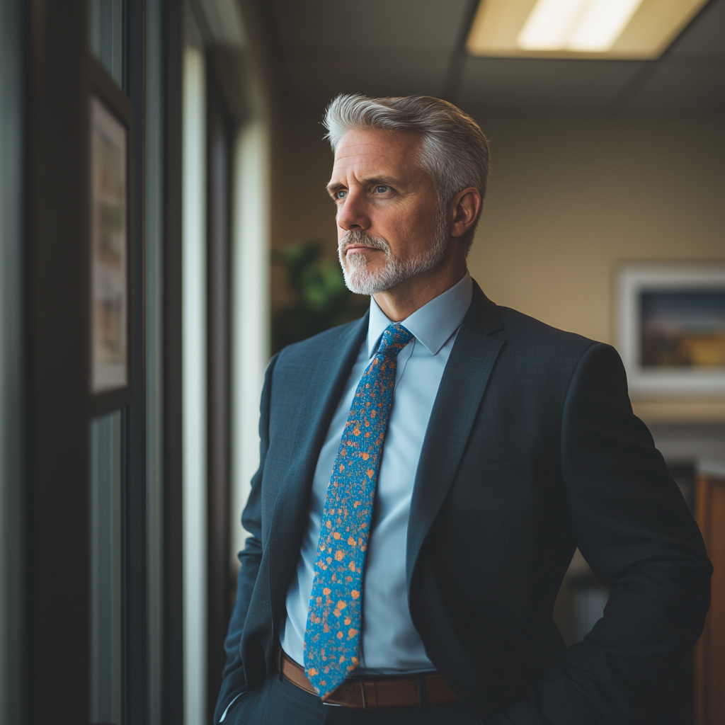 Un homme d'affaires d'âge moyen debout dans son bureau | Source : Midjourney