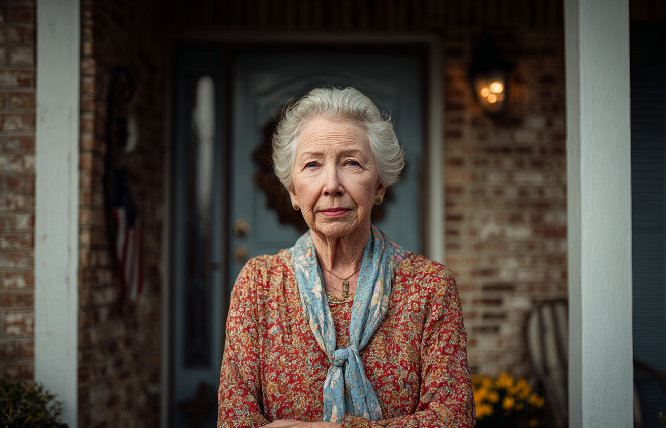 Une femme âgée debout devant sa maison | Source : Midjourney
