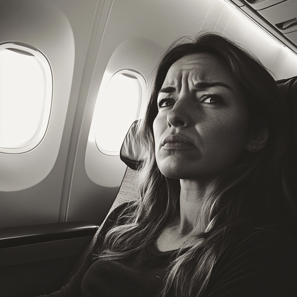 Une femme bouleversée assise dans un avion | Source : Midjourney