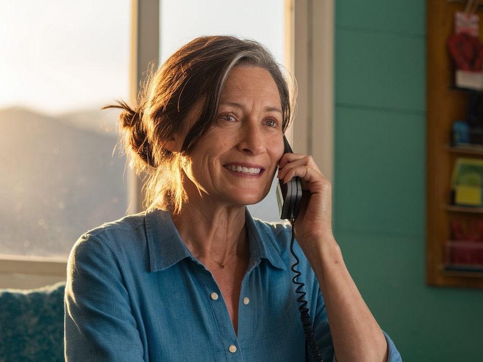 Une femme souriante, en train de passer un appel téléphonique | Source : Midjourney