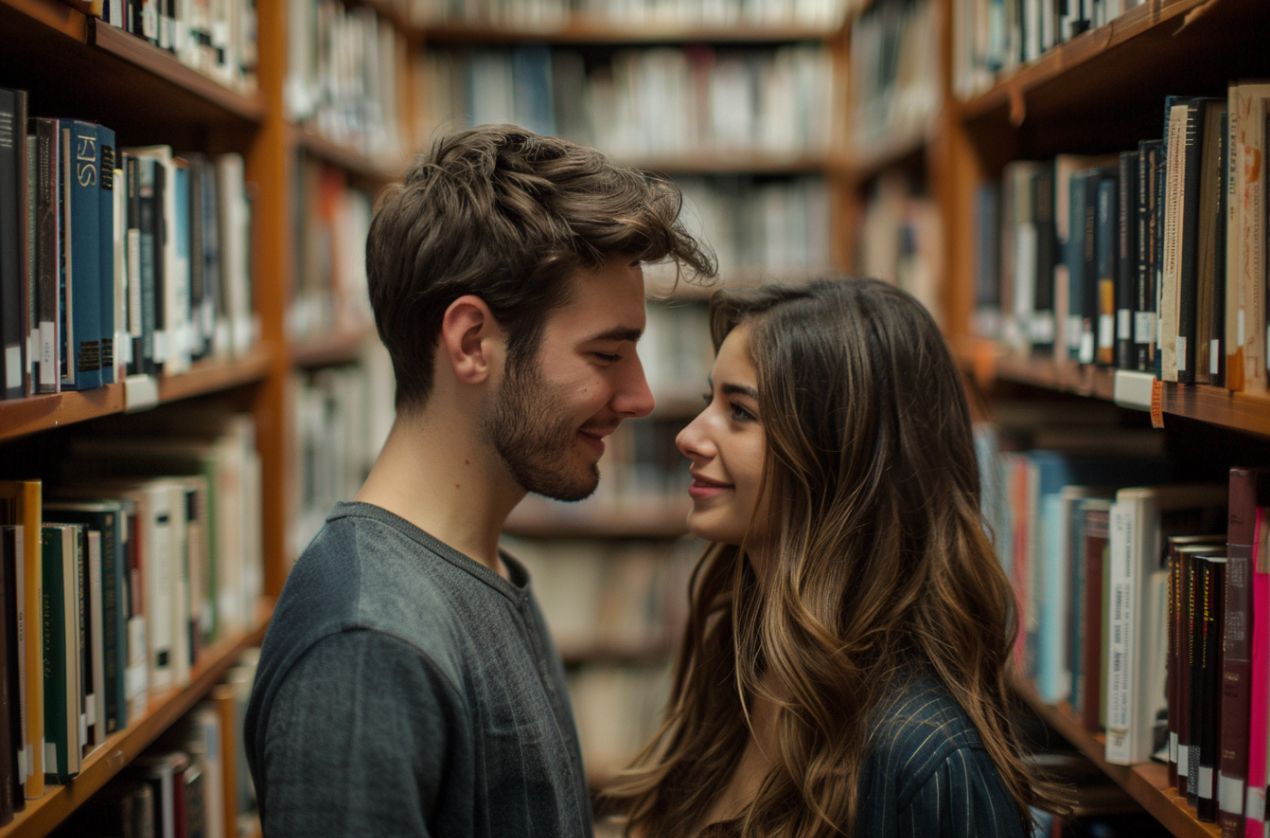 Un homme demande à une femme de sortir avec lui dans une librairie | Source : Midjourney