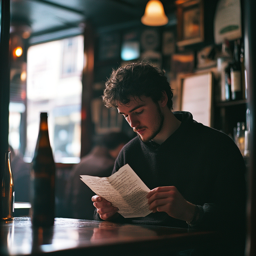 Un homme lisant une lettre dans un pub | Source : Midjourney