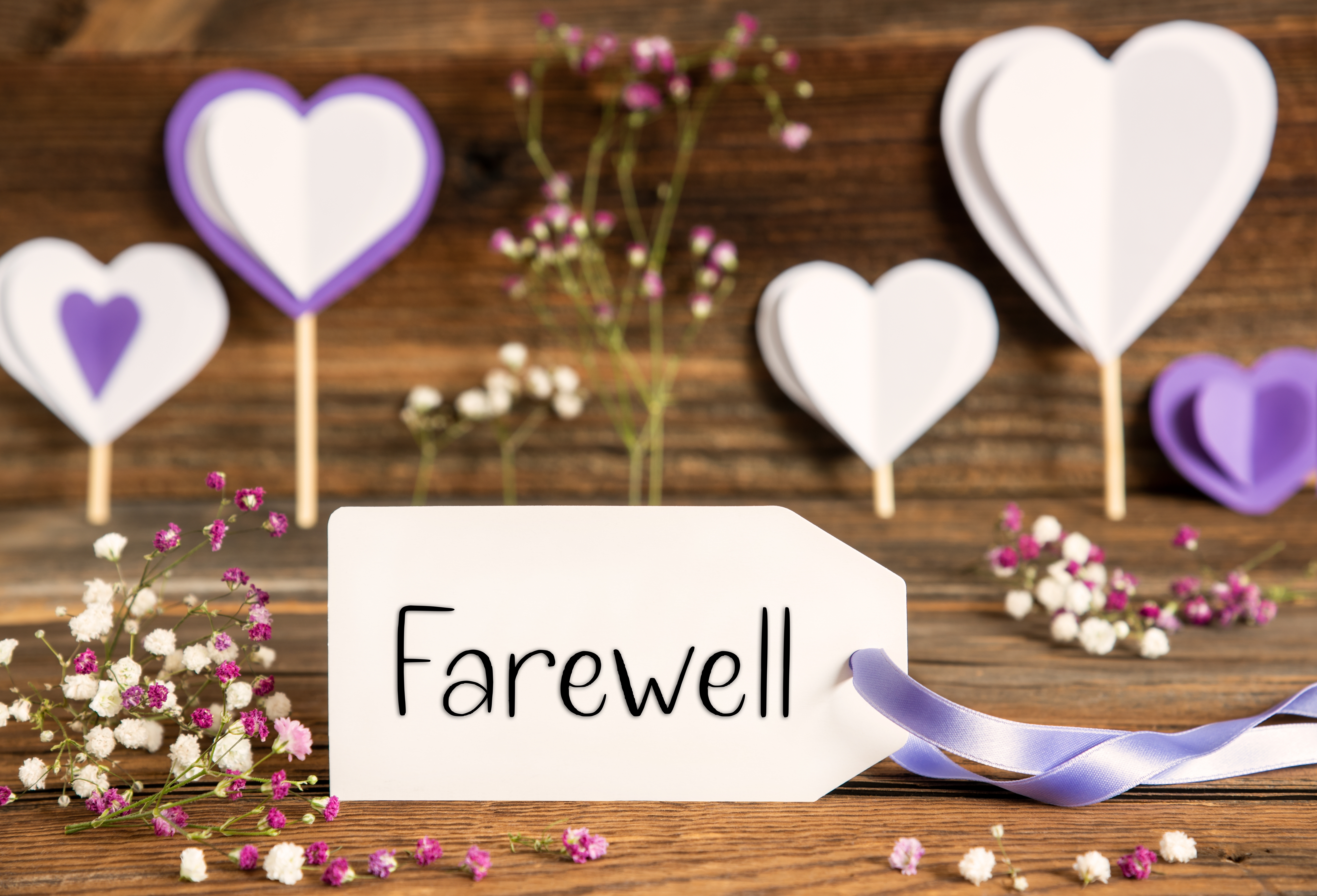 Une carte d'adieu entourée de décorations violettes | Source : Shutterstock