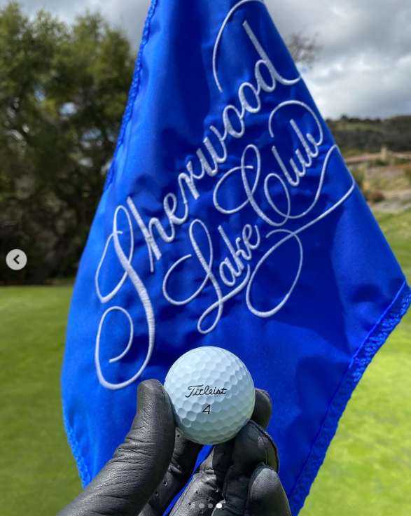 Brandon Thomas Lee tient une balle de golf devant un drapeau bleu imprimé du logo du Sherwood Country Club, posté en mars 2021 | Source : Instagram/brandonthomaslee