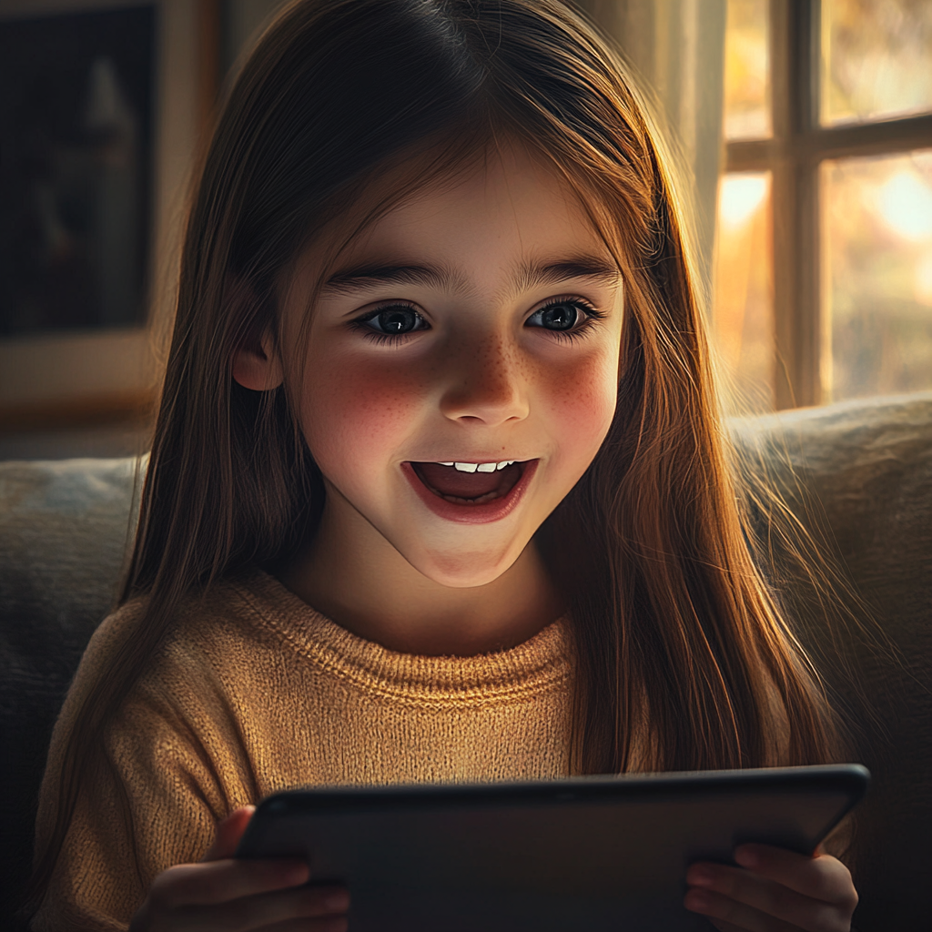 Une fille excitée tenant une tablette | Source : Midjourney