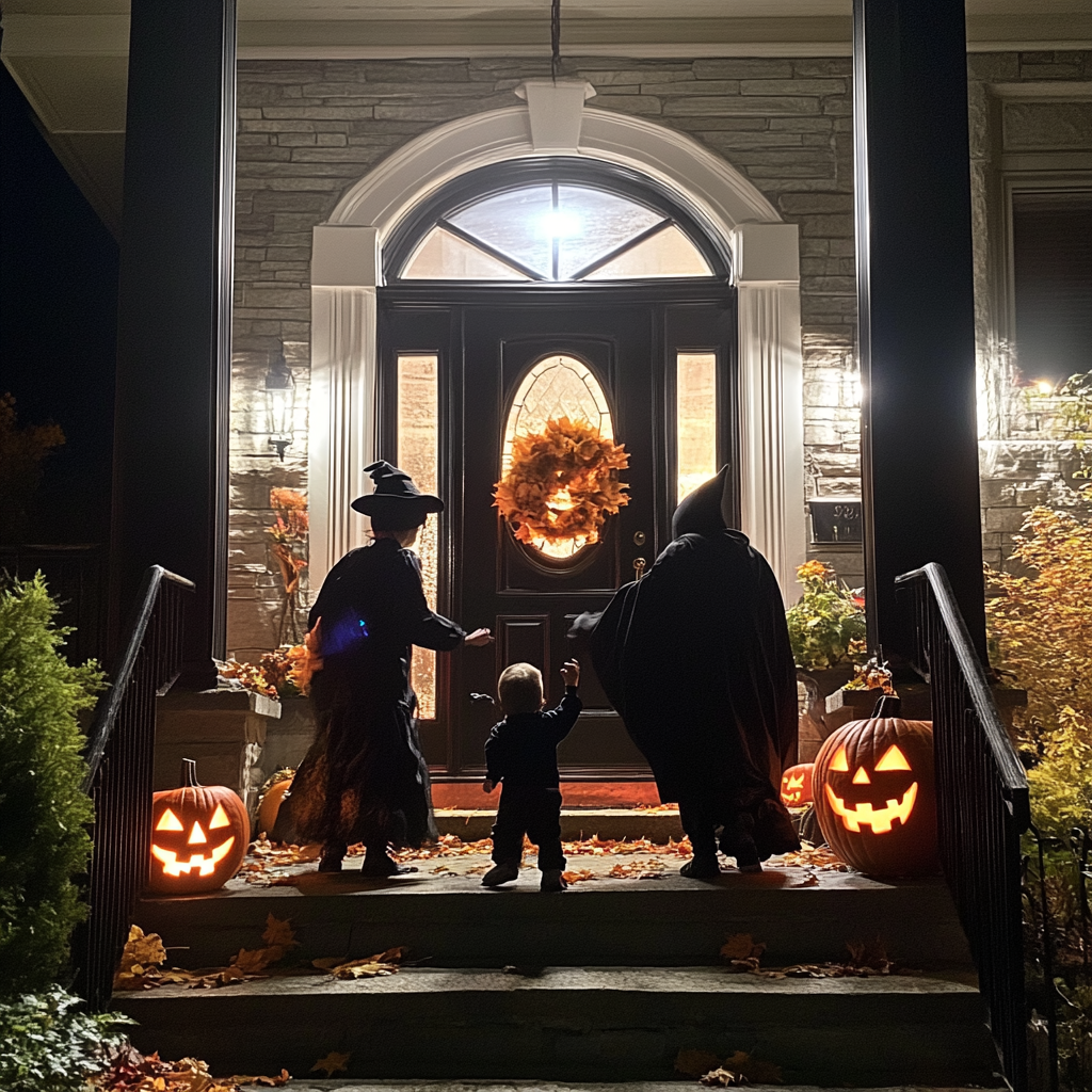 Parents avec leur enfant devant la maison de leur voisin pendant Halloween | Source : Midjourney