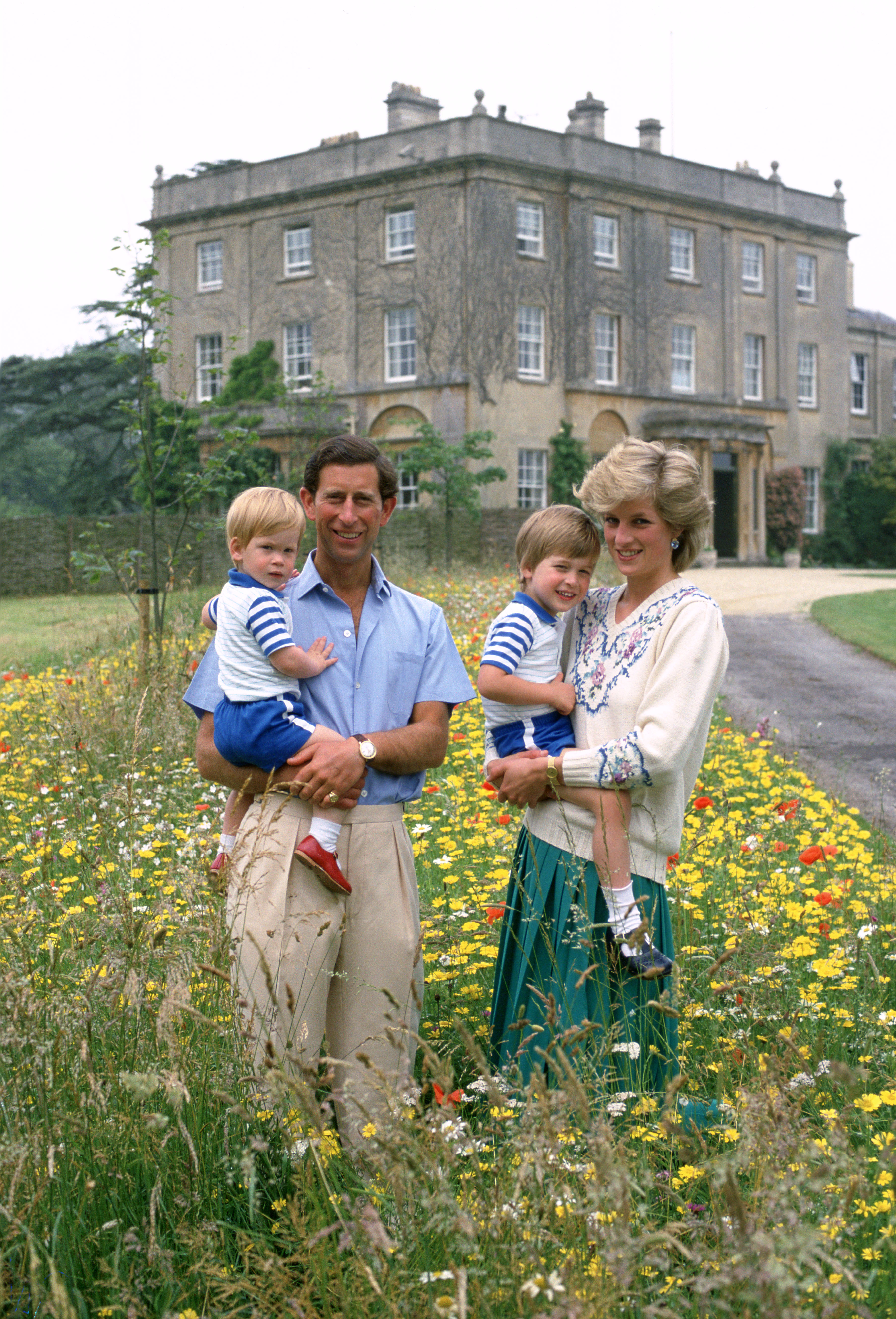 Le prince Charles et la princesse Diana posent avec leurs fils, le prince William et le prince Harry, dans la prairie de fleurs sauvages de Highgrove, le 14 juillet 1986, à Tetbury, en Angleterre | Source : Getty Images