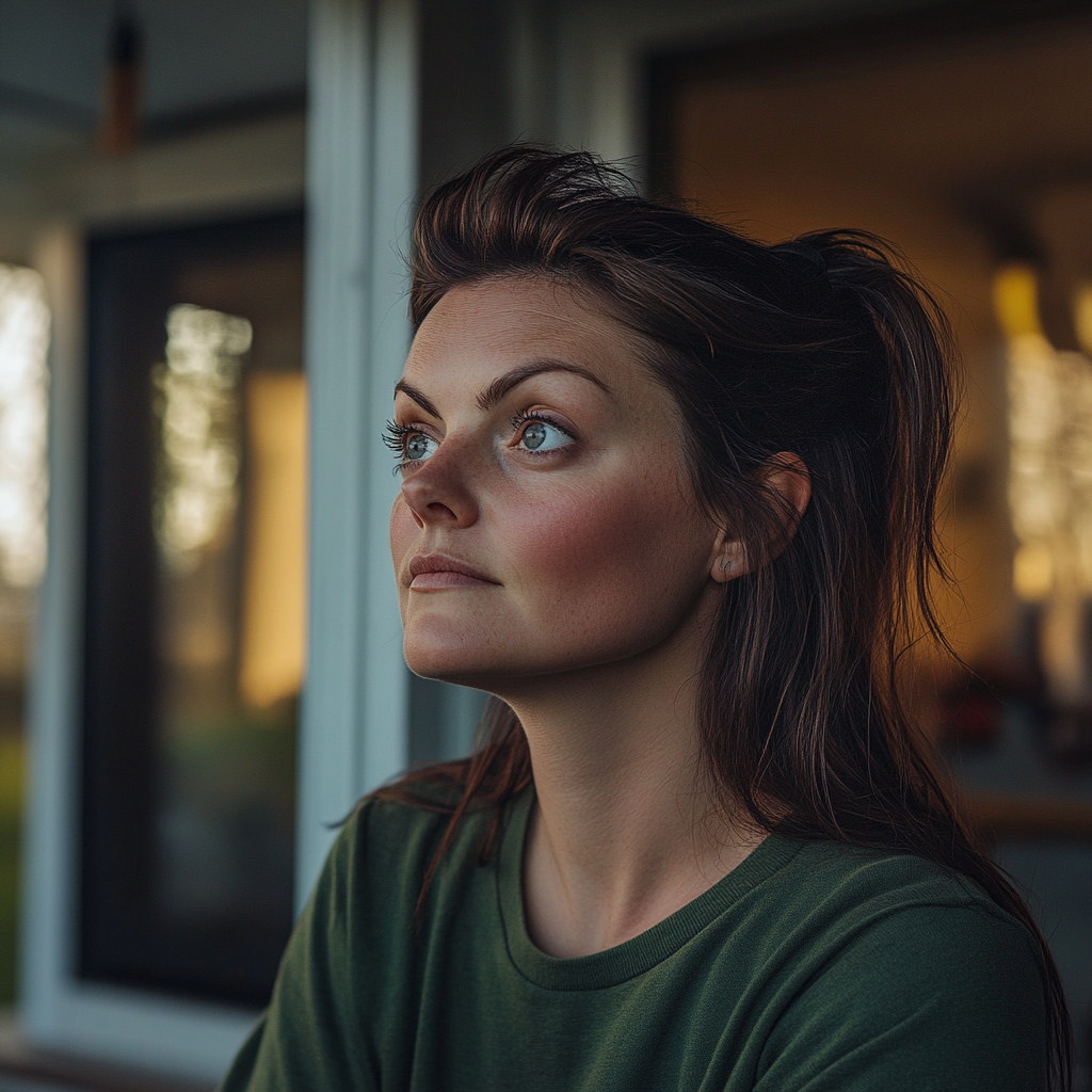 Une femme semble pleine d'espoir et un peu craintive alors qu'elle se tient devant sa maison et regarde quelque chose | Source : Midjourney