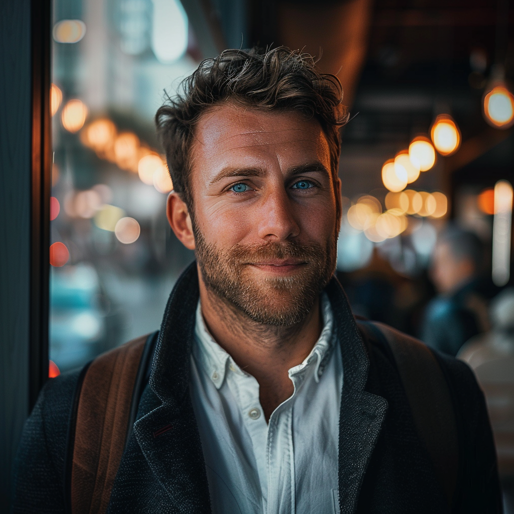 Un homme a l'air un peu à l'aise alors qu'il se tient à l'extérieur d'un restaurant lors de sa soirée de rendez-vous | Source : Midjourney