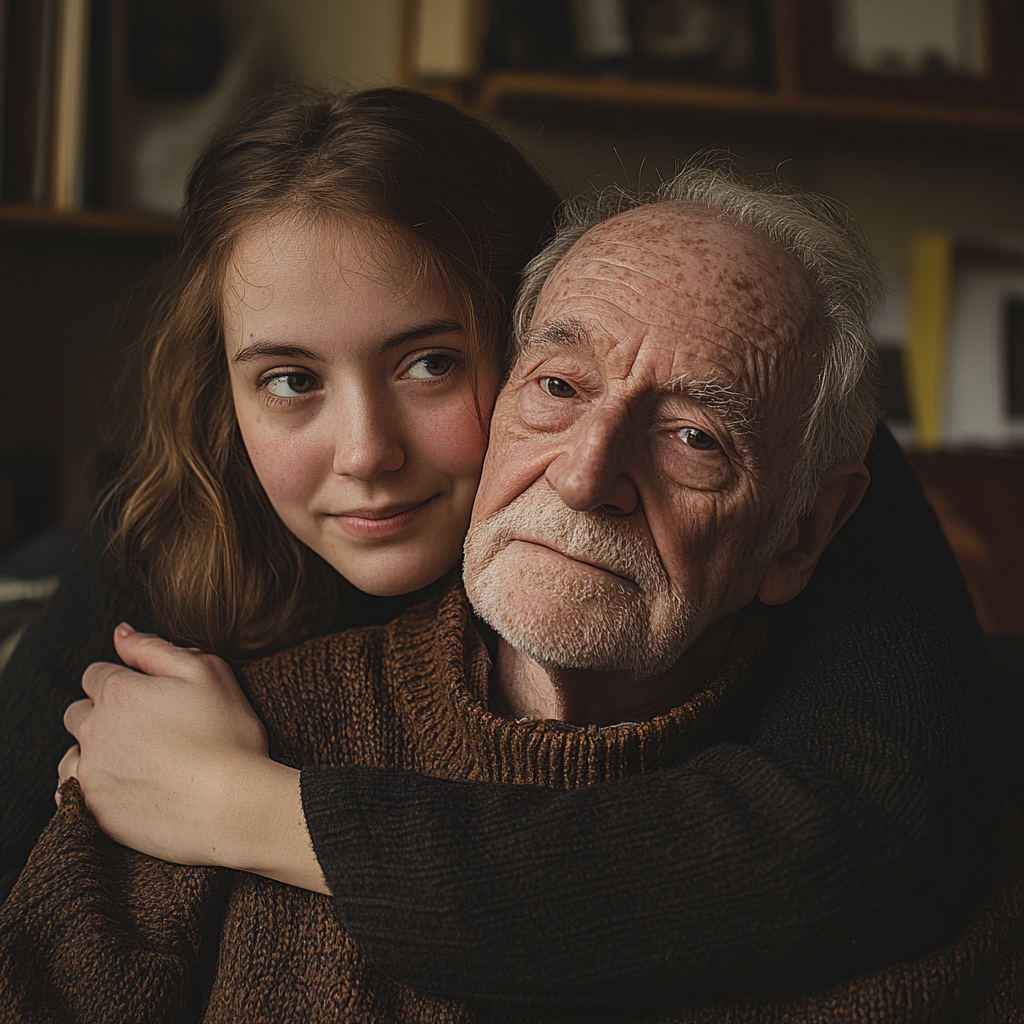 Une femme étreint un homme âgé | Source : Midjourney