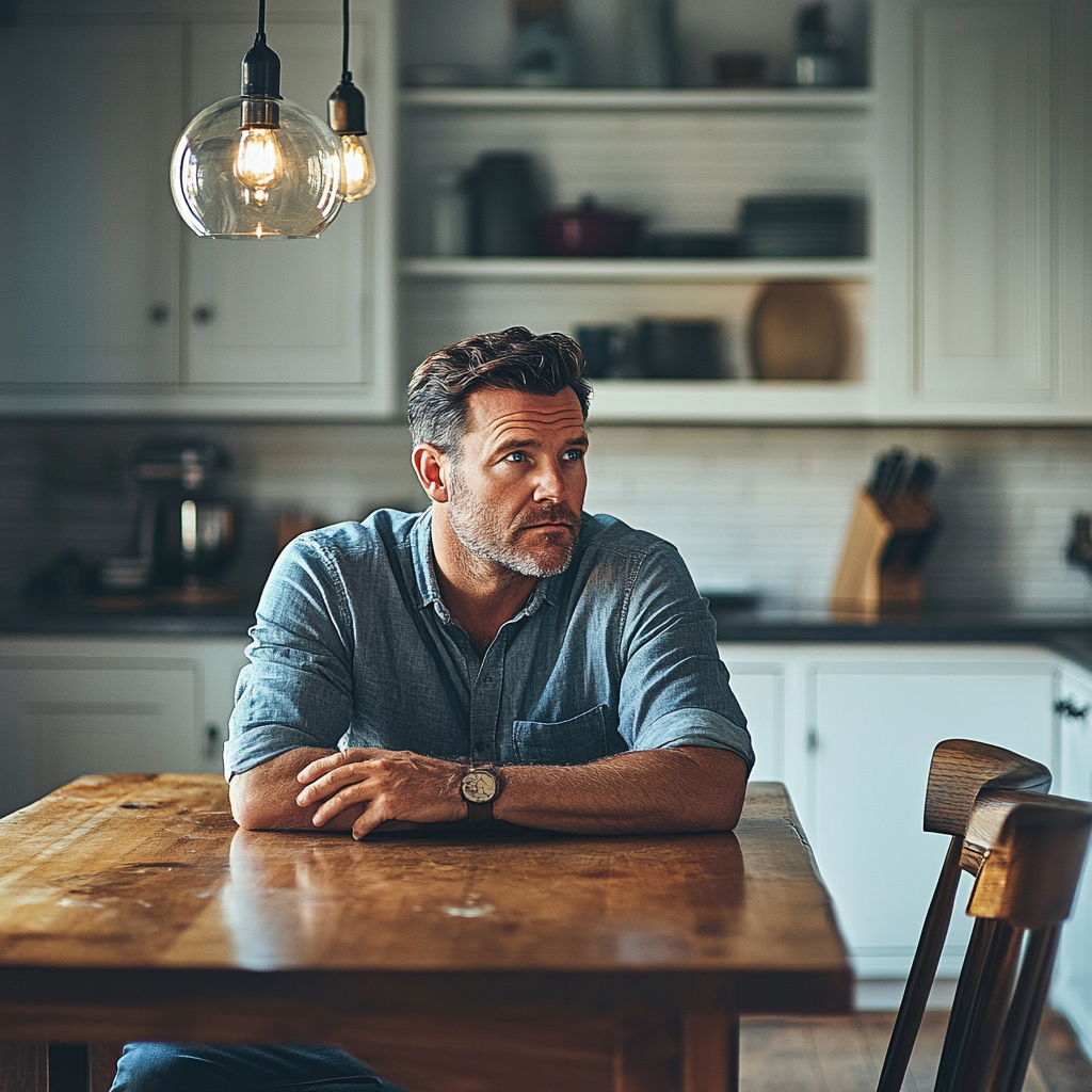 Un homme assis à une table de cuisine | Source : Midjourney