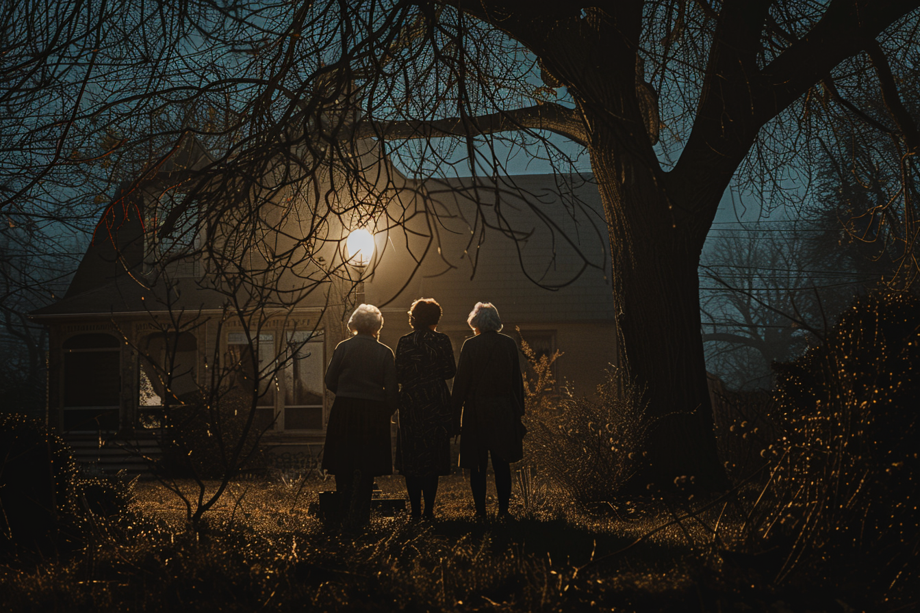 Trois femmes à l'extérieur d'une maison la nuit | Source : Midjourney