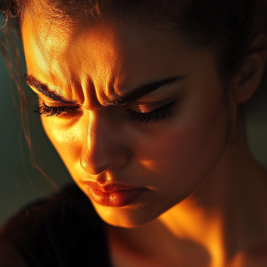 Une femme triste aux yeux baissés | Source : Midjourney