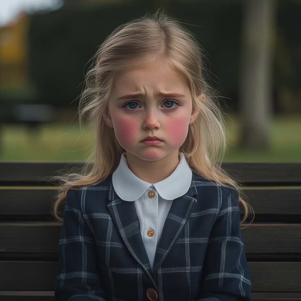 Une petite fille triste assise dans un parc | Source : Midjourney