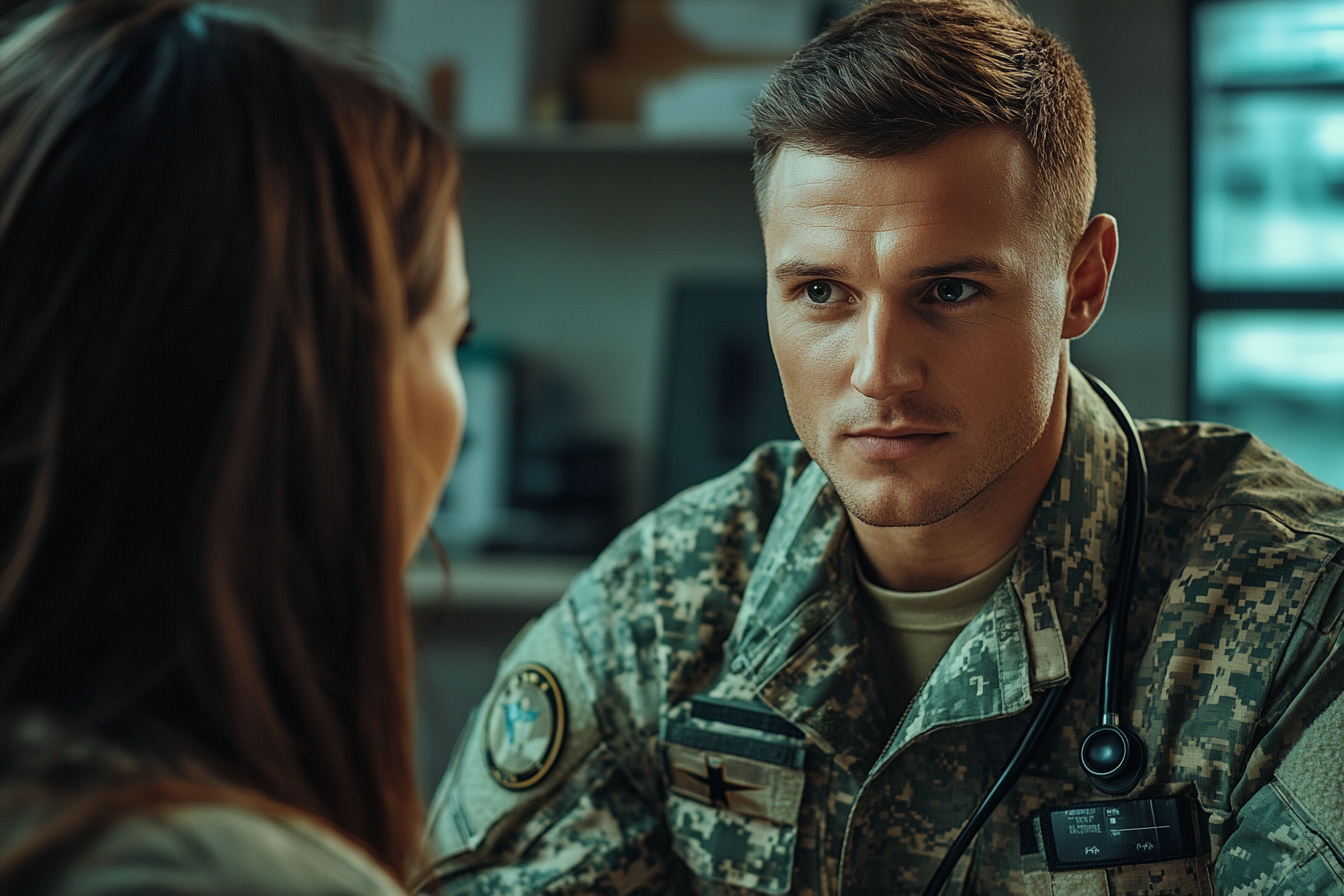 Officier militaire discutant avec un médecin | Source : Midjourney