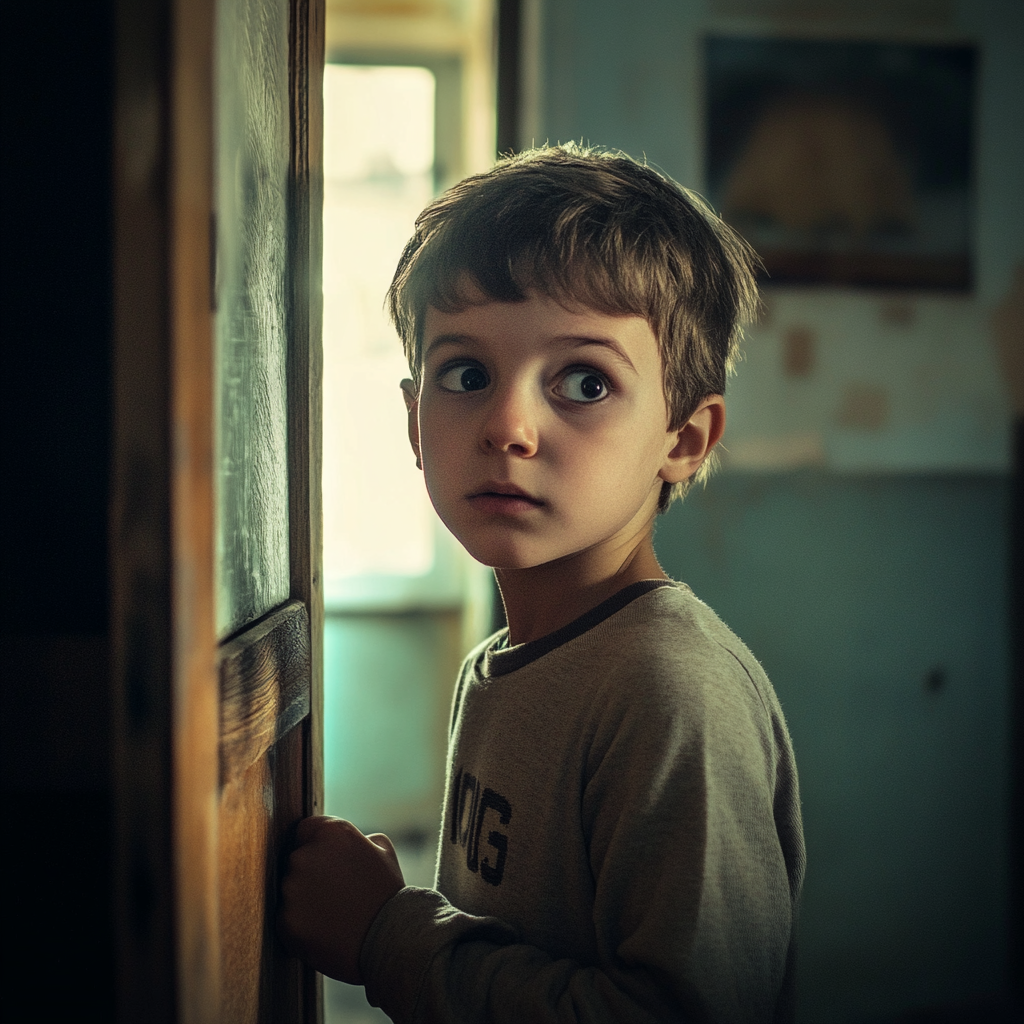 Un jeune garçon en détresse se tenant à la porte d'un petit appartement | Source : Midjourney