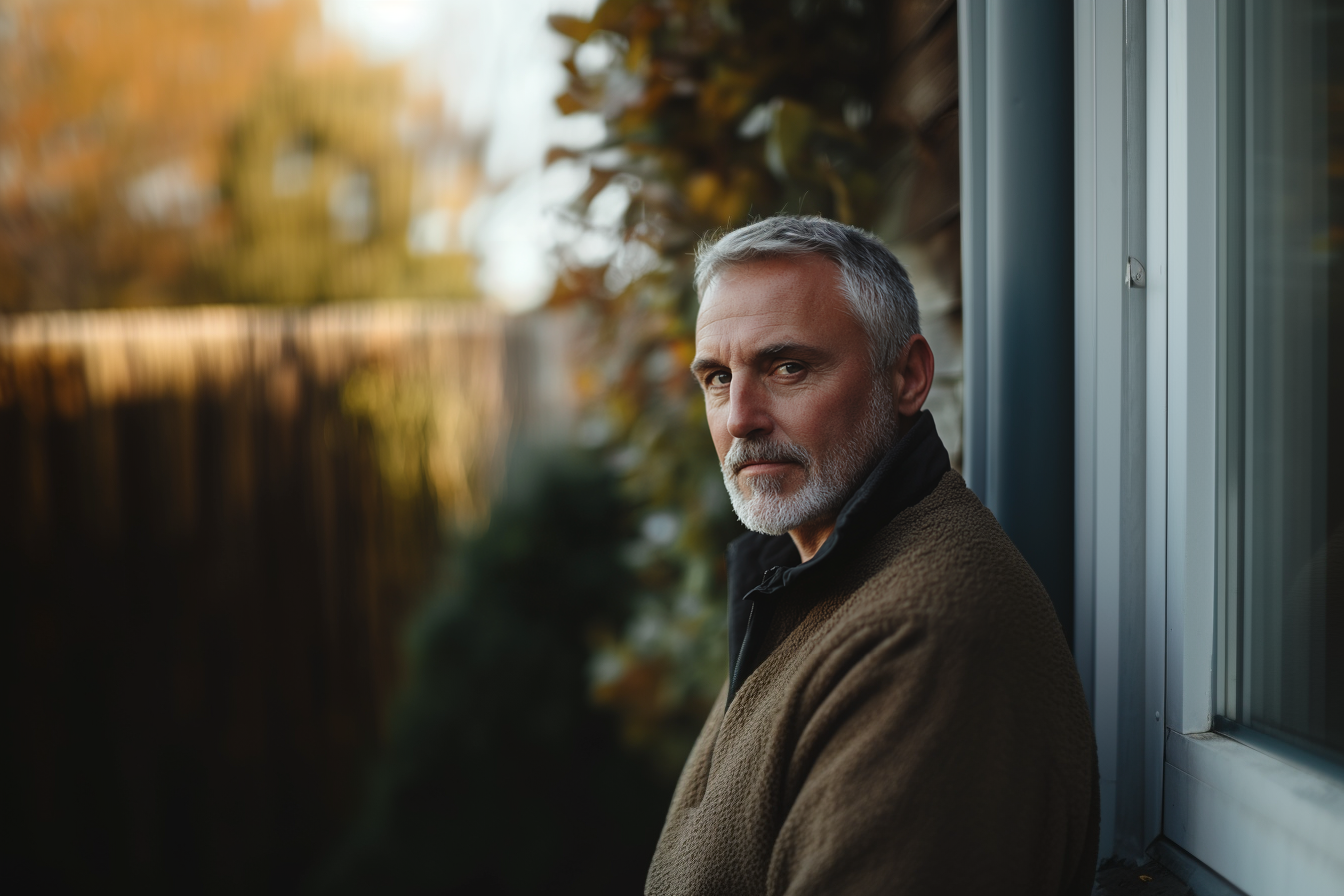 A man standing next to a house | Source: Midjourney