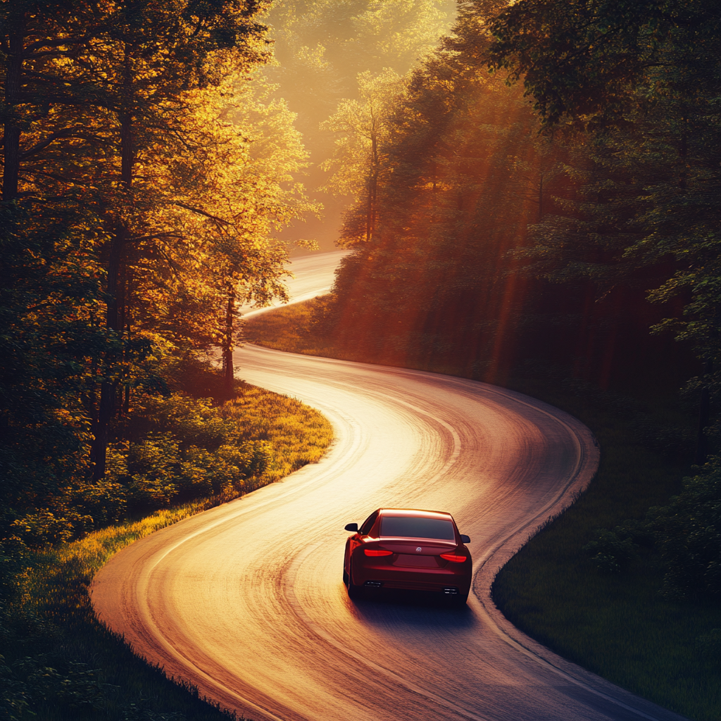 A red car speeding on a winding road | Source: Midjourney