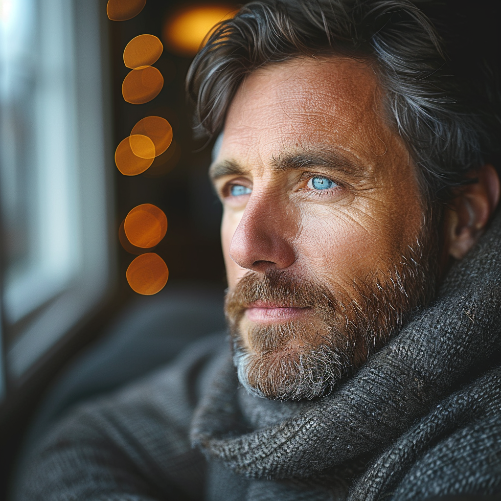 Un homme d'âge moyen plongé dans ses pensées | Source : Midjourney