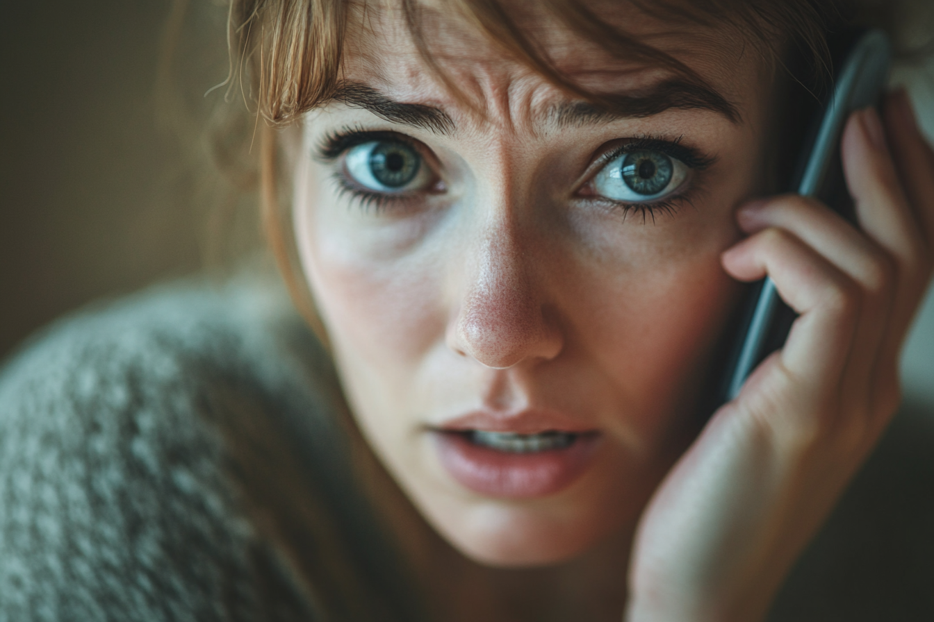 Une femme choquée lors d'un appel téléphonique | Source : Midjourney