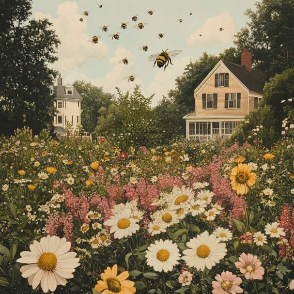 Abeilles bourdonnant sur le jardin de fleurs d'une grand-mère | Source : Midjourney