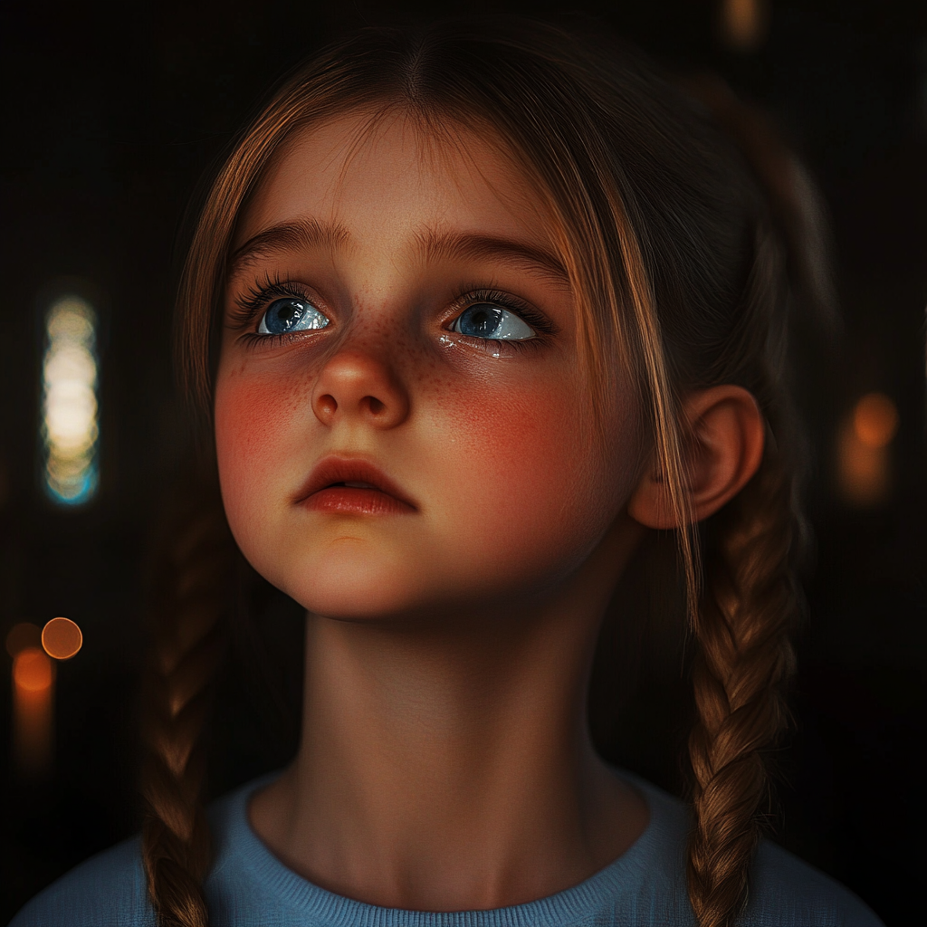 Une petite fille aux yeux pleins de larmes | Source : Midjourney