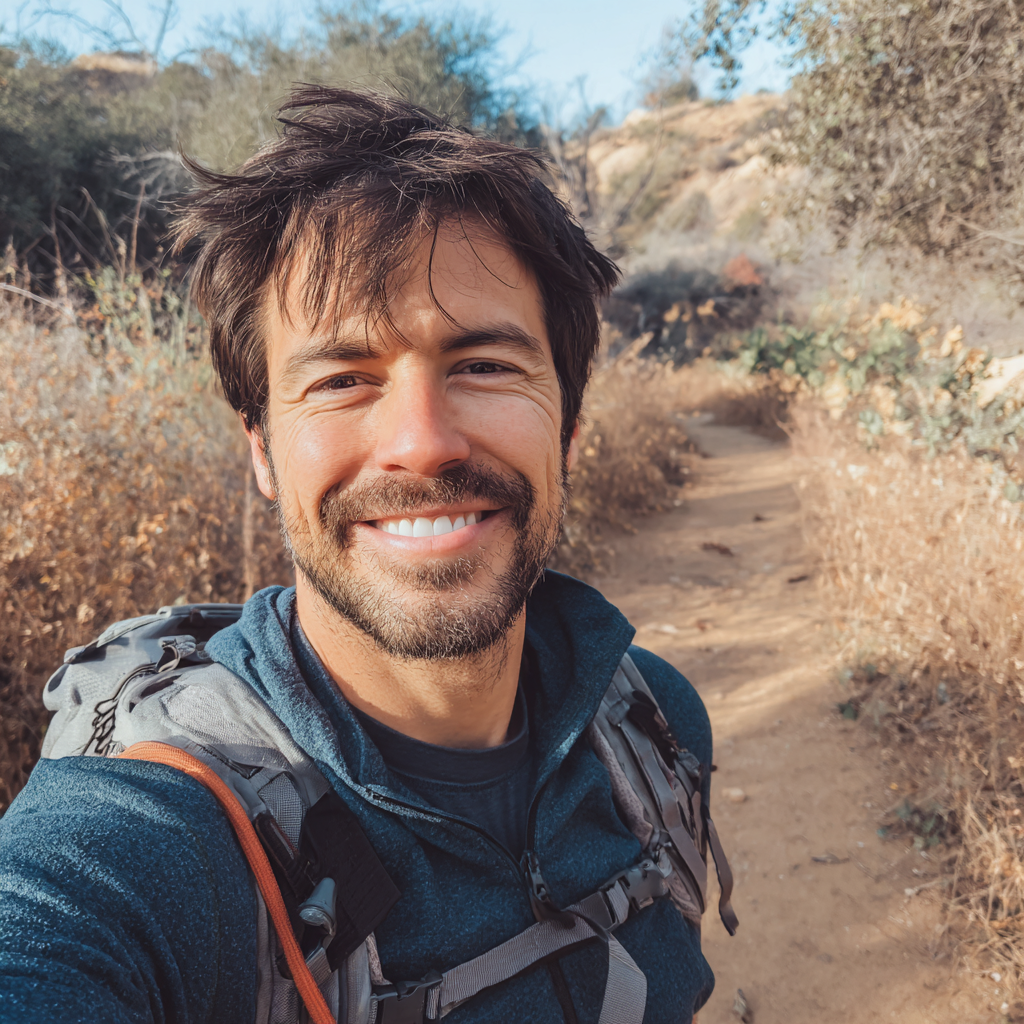 Un homme souriant sur un sentier de randonnée | Source : Midjourney