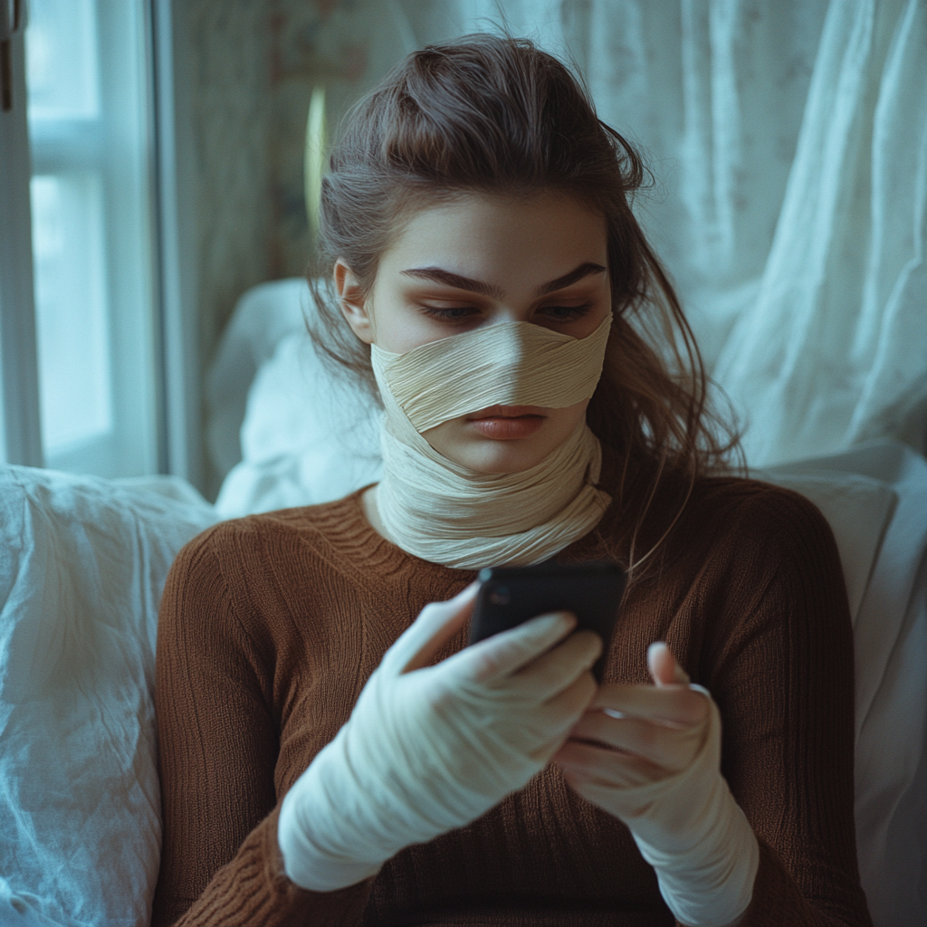 Une femme malheureuse qui regarde son téléphone | Source : Midjourney