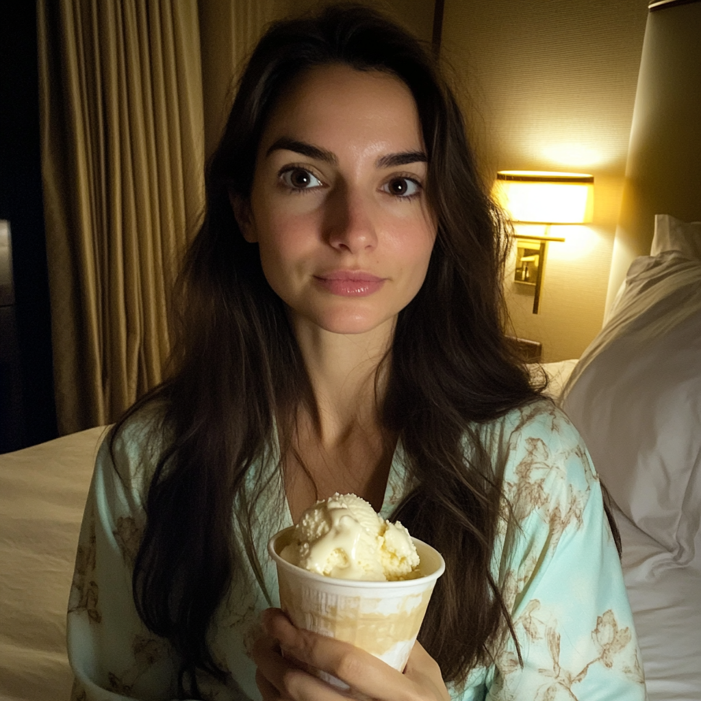 Une femme assise dans une chambre d'hôtel | Source : Midjourney