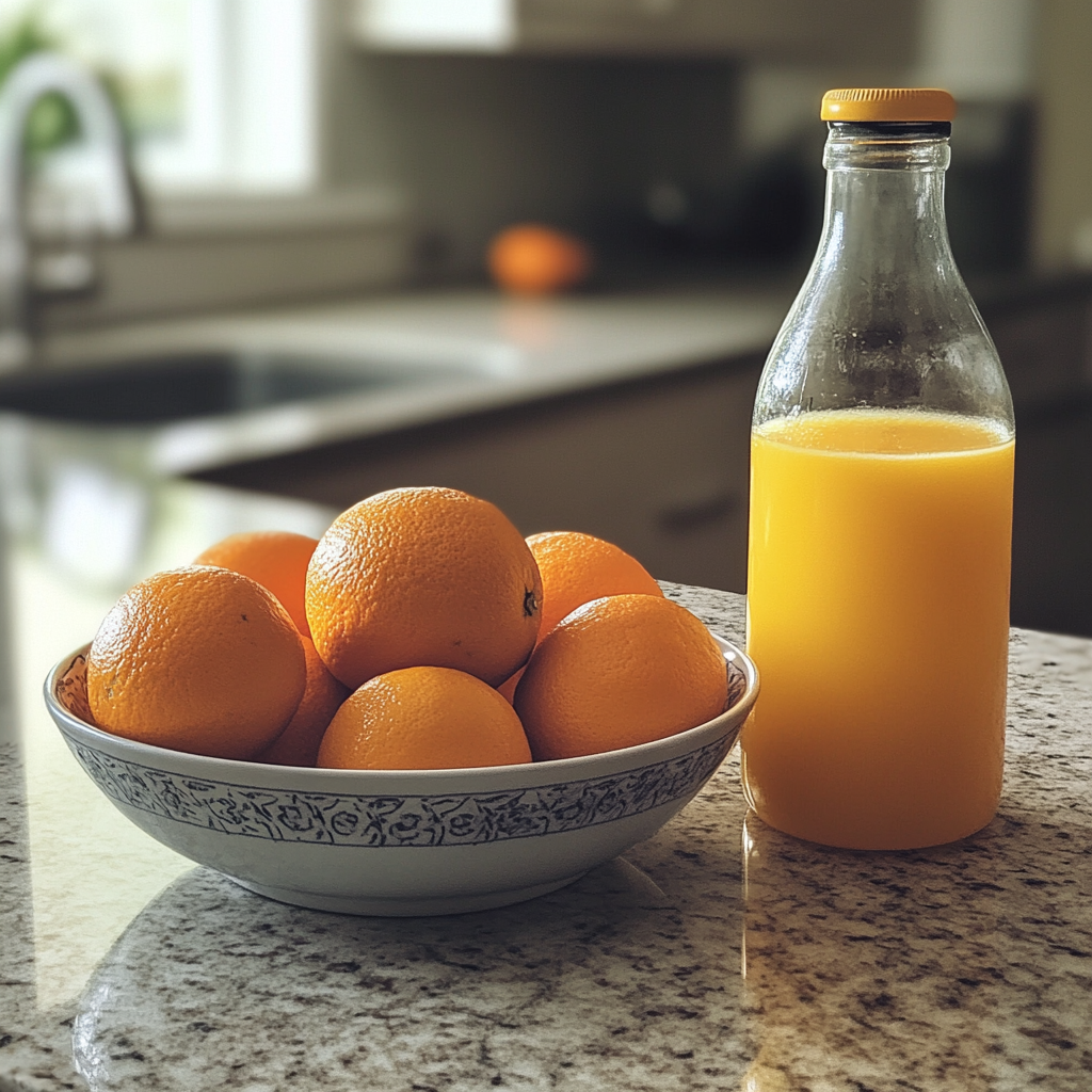 Une bouteille de jus d'orange et des oranges fraîches sur un comptoir | Source : Midjourney